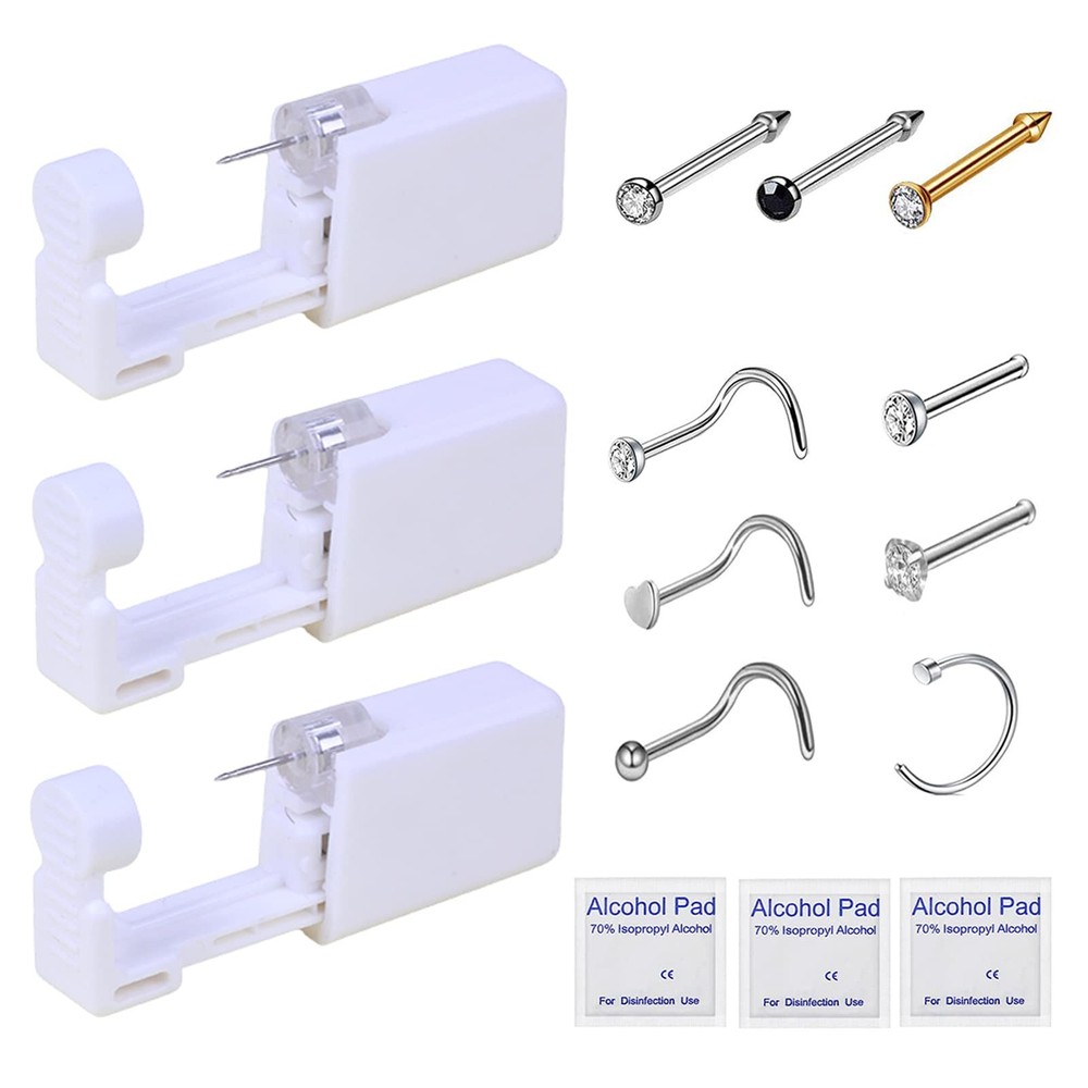Nose Piercing Kit - 3 Pack Self Piercing Gun with Rings & Studs, Disposable S...