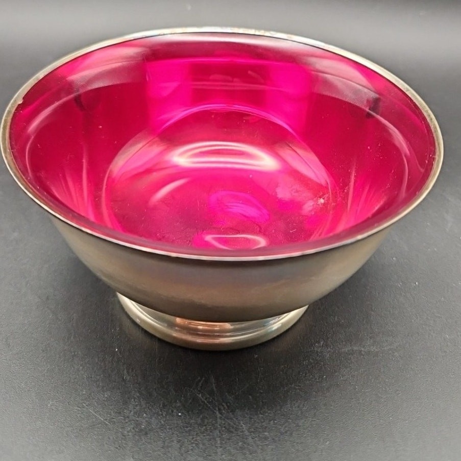 Vtg Gorham YC795 Silver Plated Bowl 4.5” Diameter With Ruby Red Glass Insert