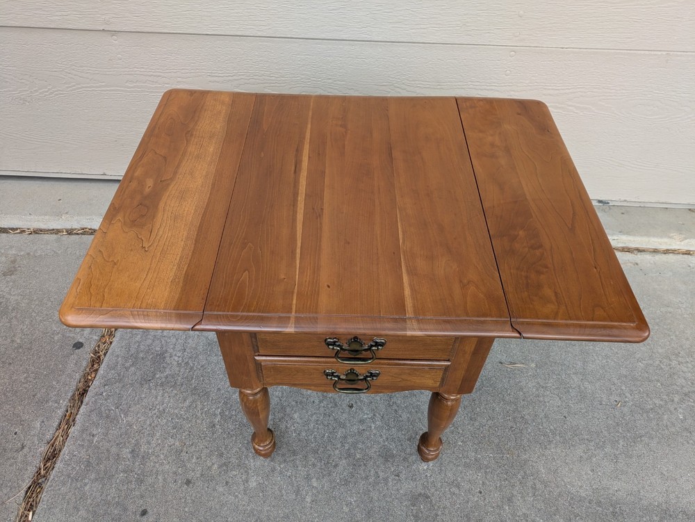 Vintage Rustic Country Colonial Solid Cherry Wood Drop Leaf 2-Drawer End Table A