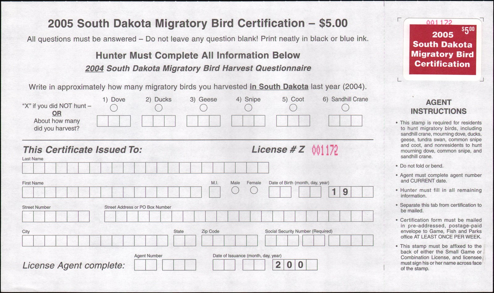 US state revenue-South Dakota MNH 2005 duck stamp with certification