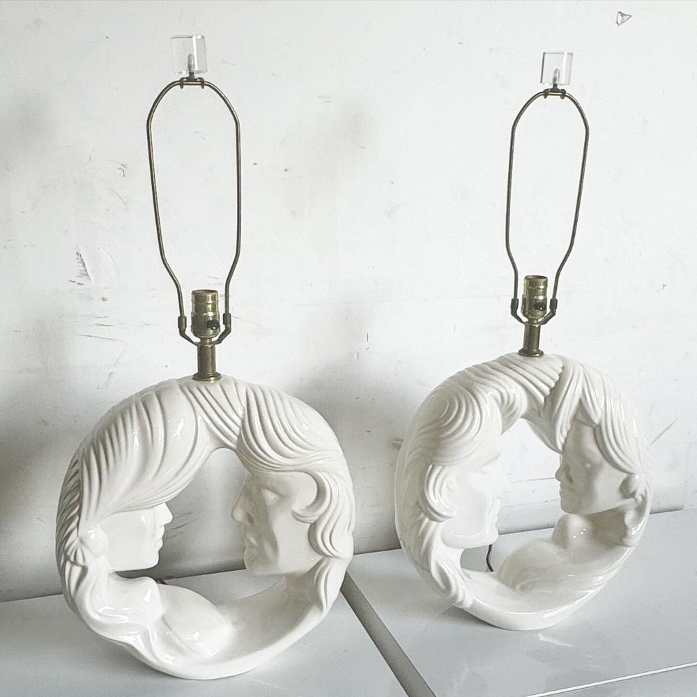 Postmodern White Gloss Ceramic Him/Her Face Table Lamps