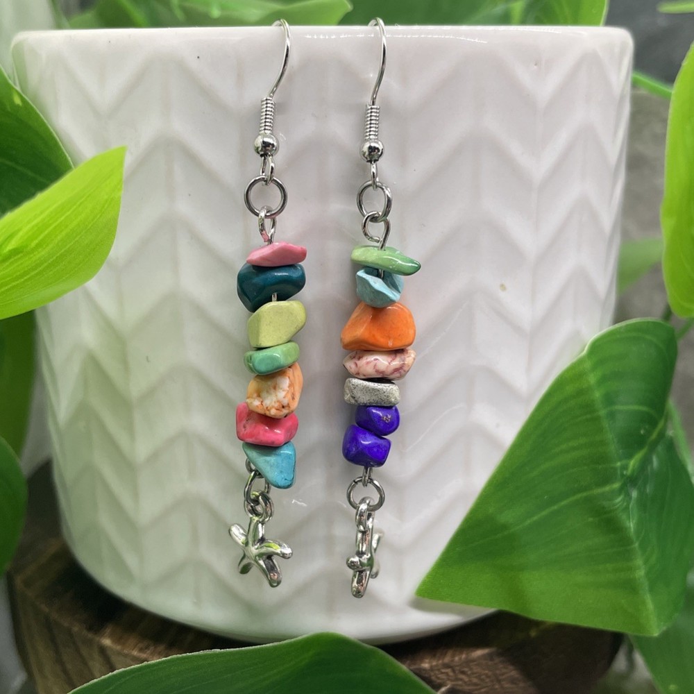 2.25” Earring Set Silver-tone Boho Stone Chips Dangle Drop New Starfish  B7323