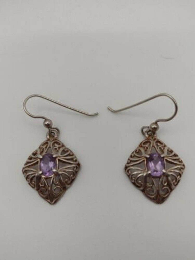 Purple Amethyst Scroll Design 925 Sterling Silver Dangle Drop Earrings