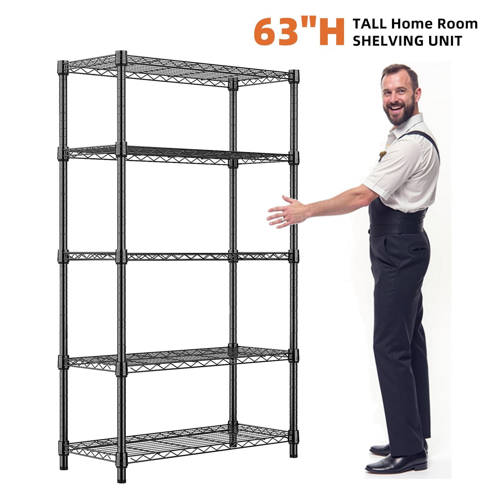 Heavy Duty 5-Tier Shelves, 14*24*63" Storage Rack Metal Wire Shelving Black USA