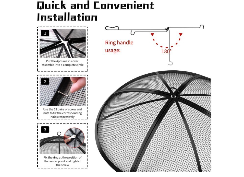 Fire Pit Spark Screen, Outdoor 27 Inch Round Fire Pit Screen with Foldable Hook