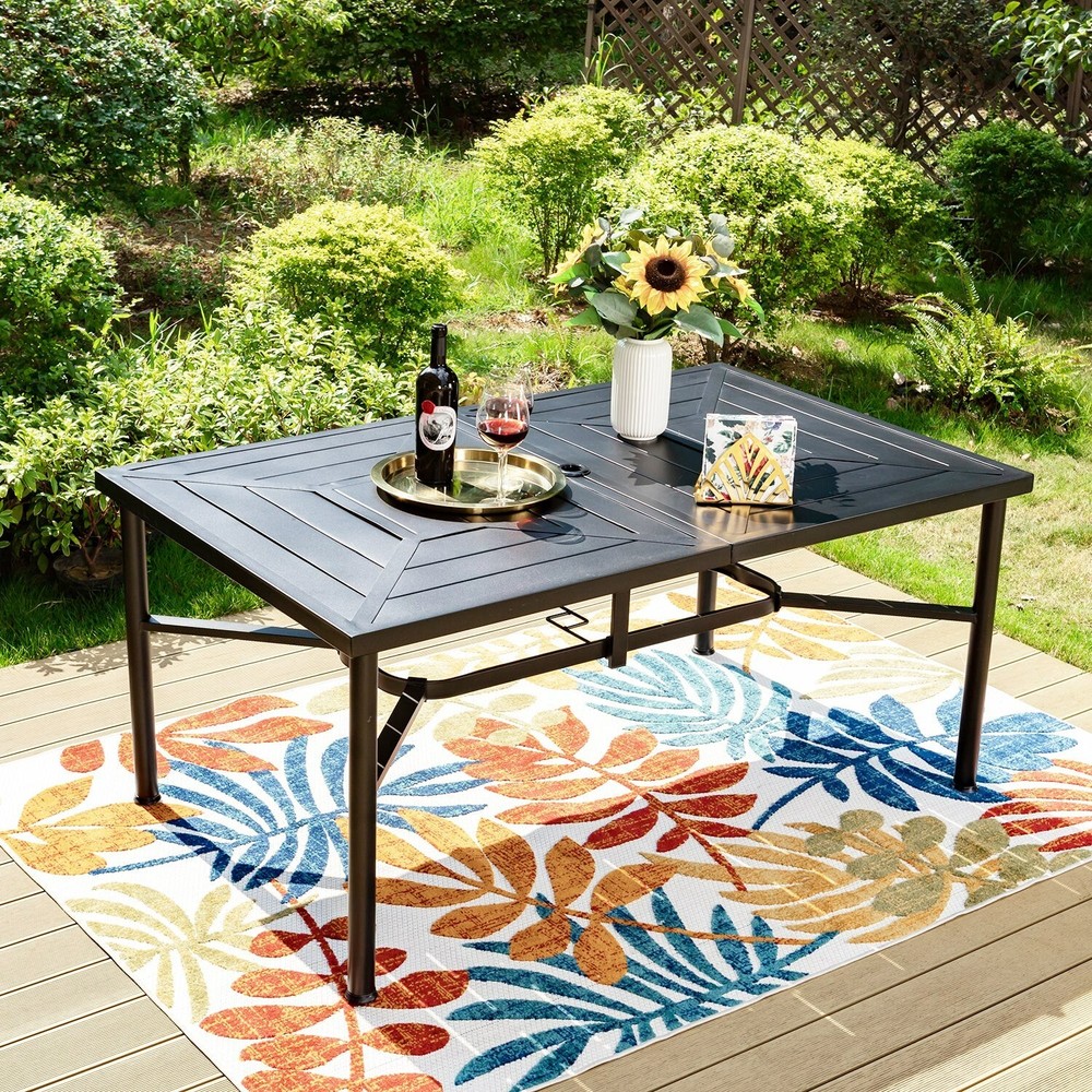 64" Patio Dining Table for 6 Person Outdoor Table with Umbrella Hole Rectangular