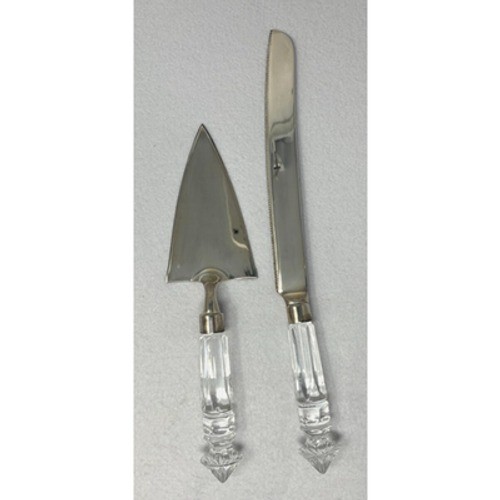 Silver Cake Knife & Server Set Clear Crystal Handles Wedding Party Serving