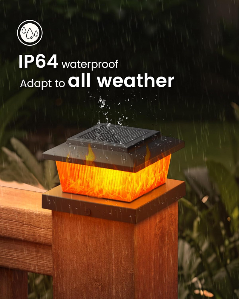 Solar Fence Post Lights 4pack, Black Solar Deck Post Cap Flame Light Outdoor