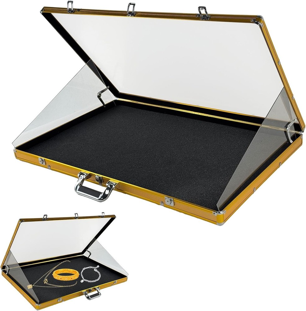 Black Aluminum Trading Card Display Case Lockable w Handle Golden