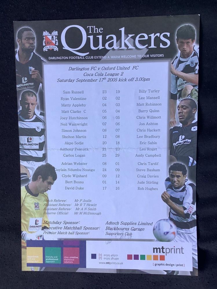 2005/6 Darlington v Oxford Utd teamsheet