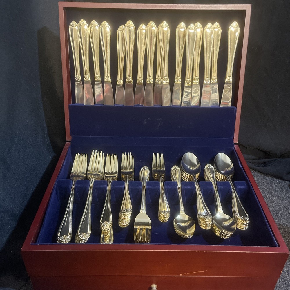 Hampton Silversmiths Stainless Steel Flatware Gold Electroplate Dining Set 98pcs