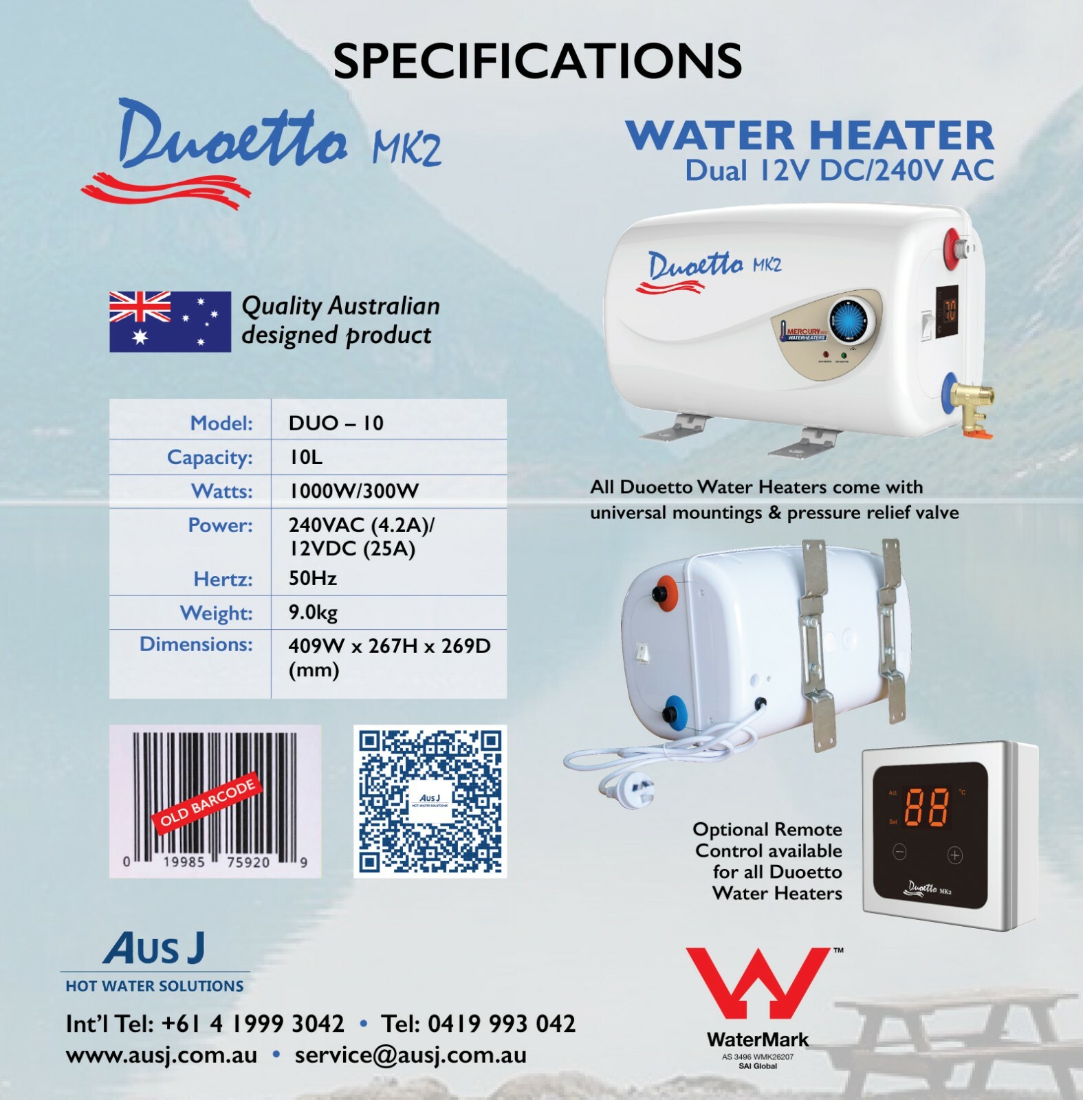 Duoetto MK2 12v & 240v Digital Electric Storage Water Heater - Caravan RV Sink