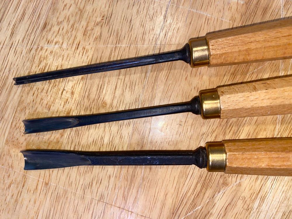 Wood Carving Gouges x 3 - #45 1/8" or "V" - #58 1/4" or #6 - #56 1/2" or #8