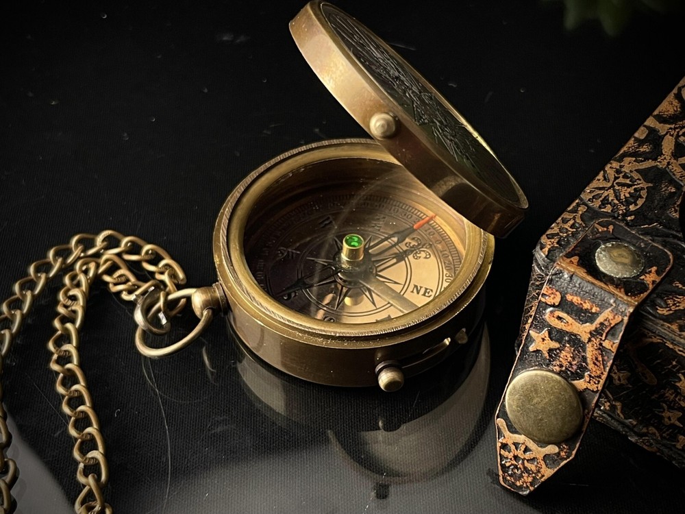 Brass Working Compass | Engraved Pocket Compass With Leather Case, Gift For Her