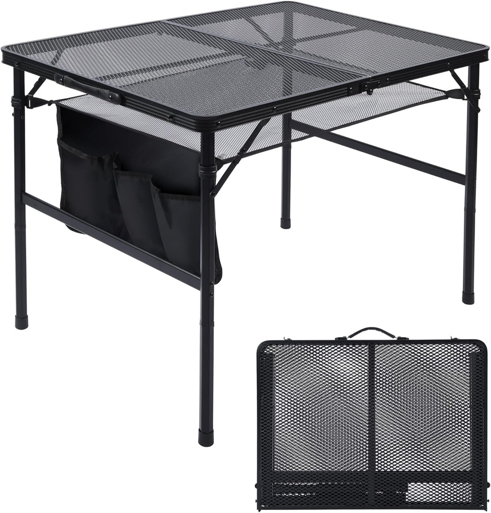 Folding Grill Table, 3X2 FT Portable Camping Table, Height Adjustable Metal Tabl