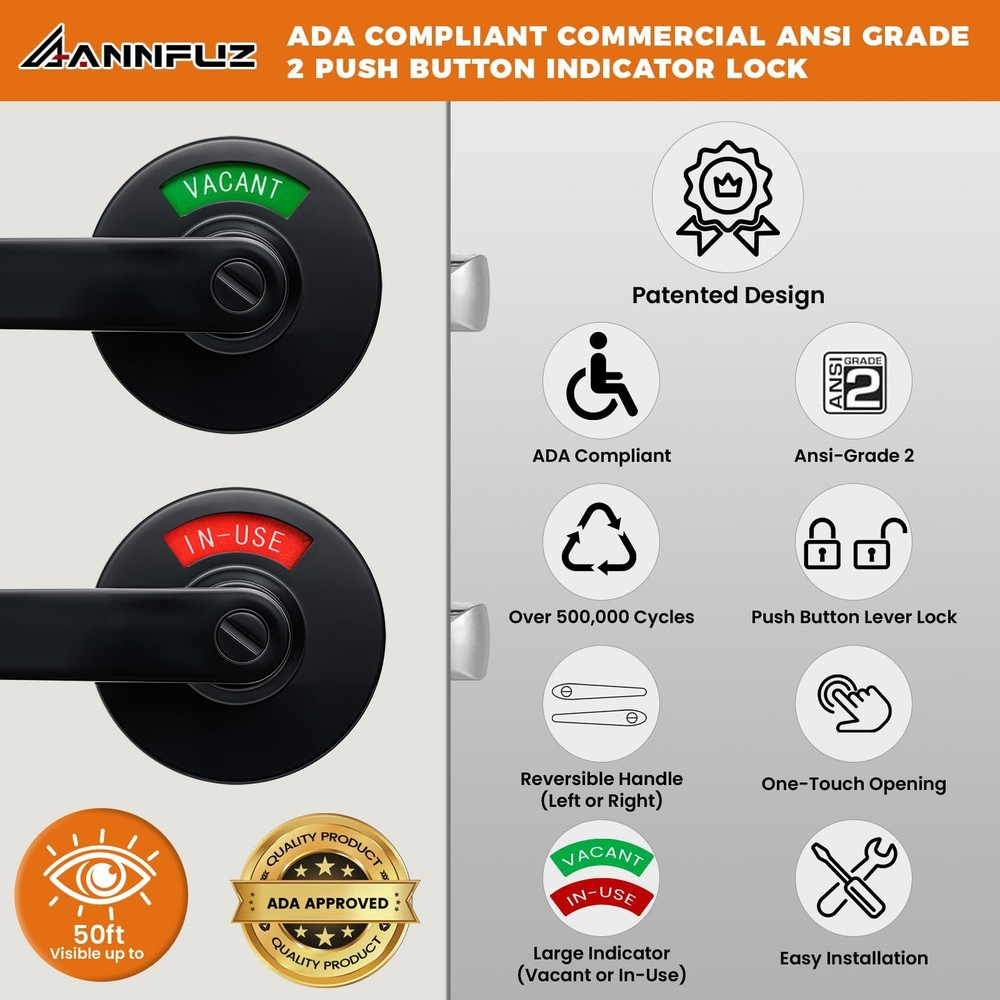 Push Button Locking Vacant Occupied Bathroom Door Handle with Indicator Sign,...