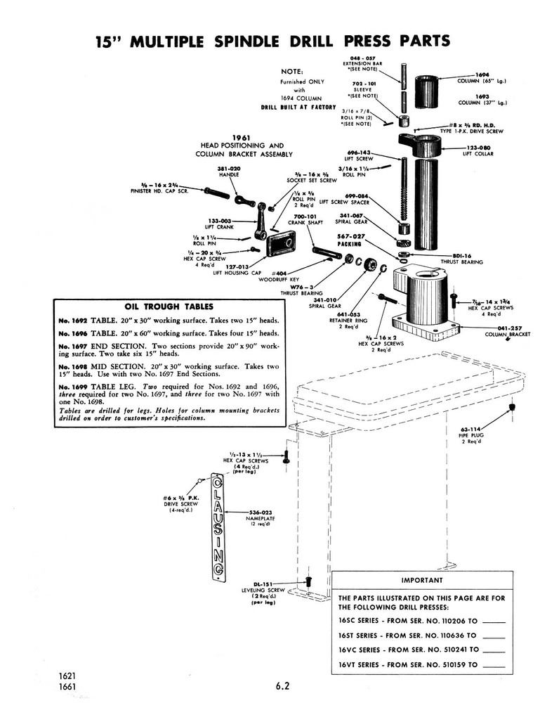 Clausing 15" Variable Speed Drill Press Op, Instruction, Parts List Manual #1876