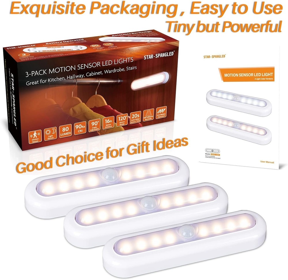 3 Pack Motion Lights – Indoor, Battery, Warm White
