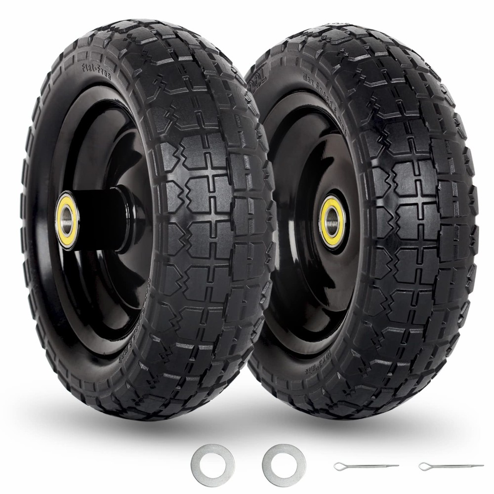 GICOOL 10" Flat-Free Solid Tire and Wheel Replacement 2 PACK, Black