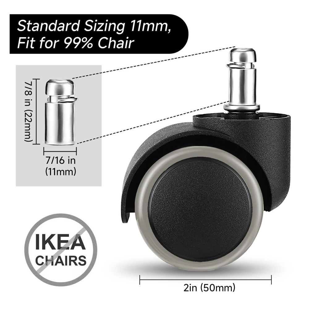 2 Inch Rollerblade Wheels for Office Chairs Replacement, 5PCS Mute Black