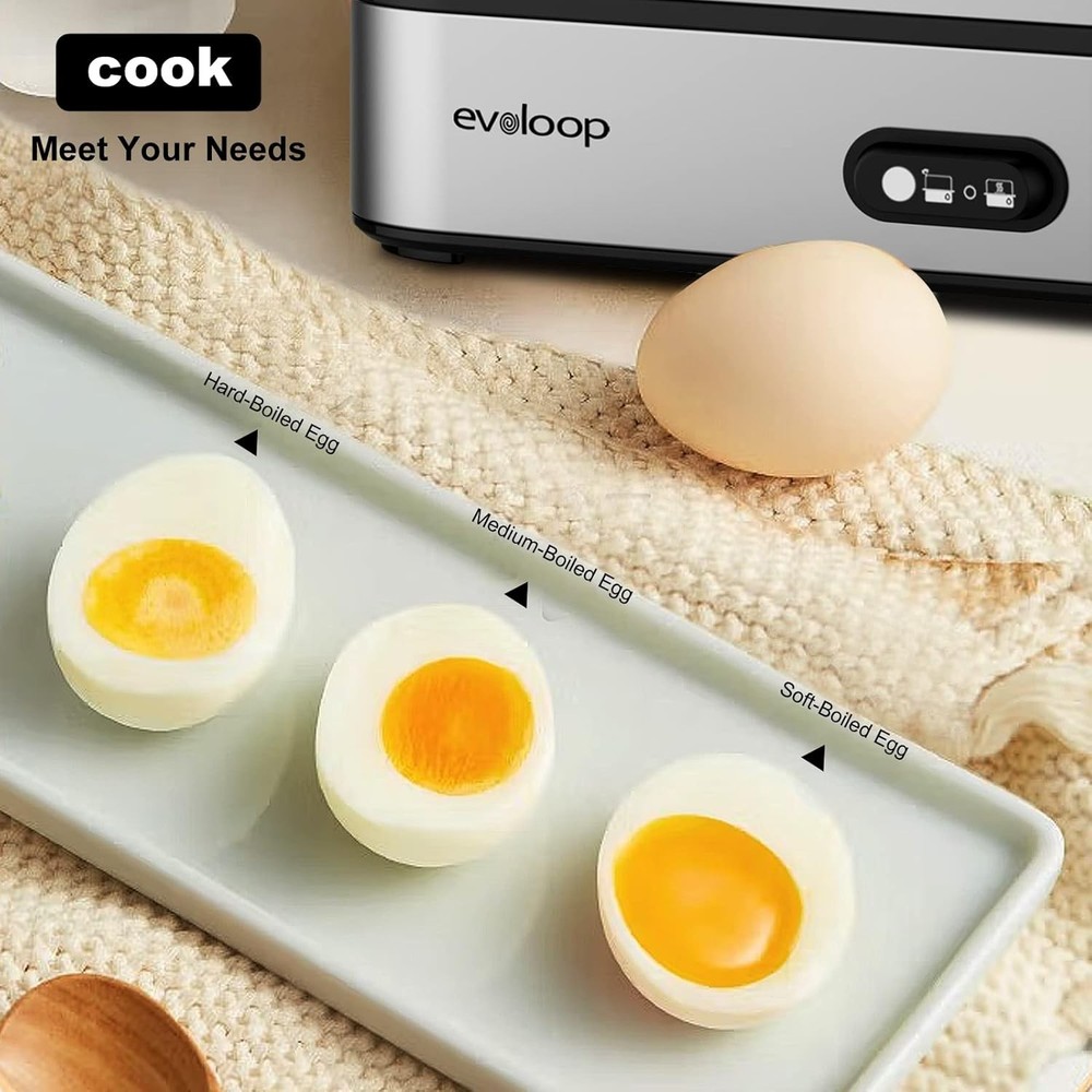 Evoloop Rapid Egg Cooker Electric 6 Eggs Capacity, Soft, Medium, Hard Sliver