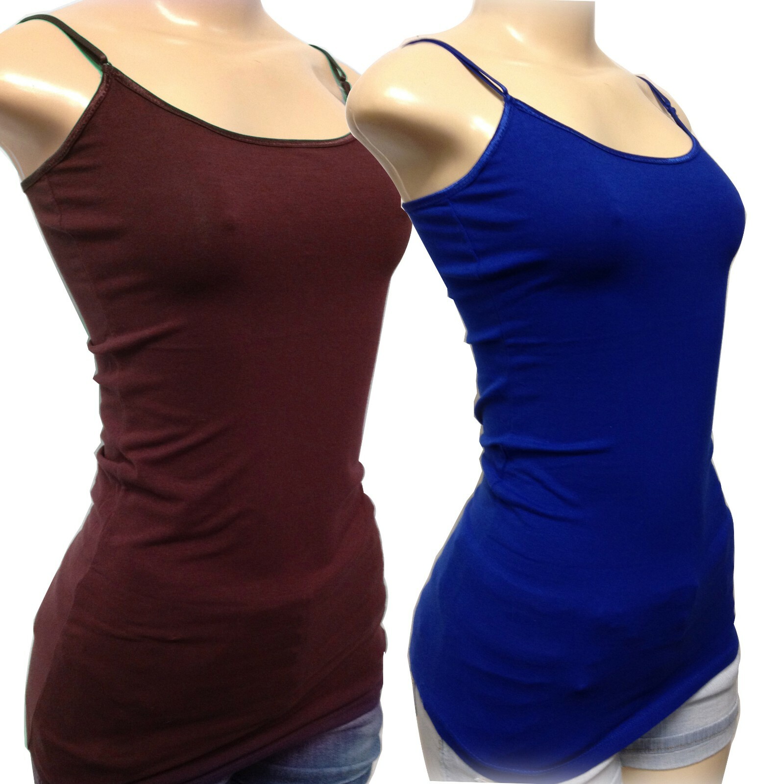 (Bozzolo) Plain Long Tank Top w/Spaghetti Straps Cotton Cami Junior Size S M L