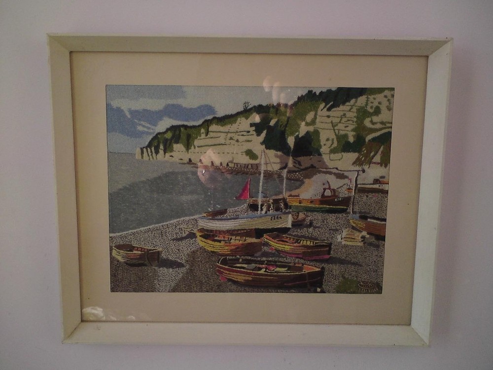 Framed Embroidery Needlework / Wool-work Picture - Beer Harbour, Seaton Devon