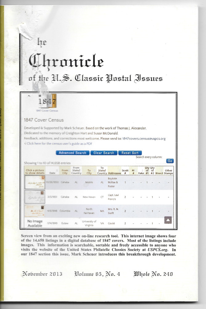 THE CHRONICLE OF THE U.S. CLASSIC POSTAL ISSUES - VOL. 65  NO. 4  NOV 2013  DCVR