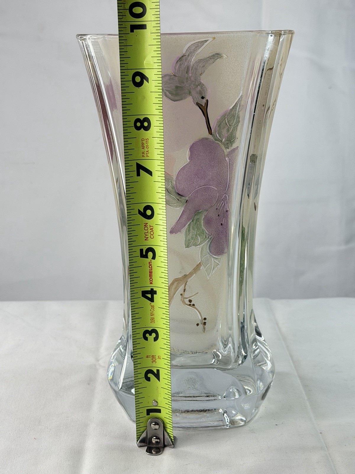 Miki Takachiho Signed Art Glass Vase Hummingbird Purple Floral Hand Painted 10"