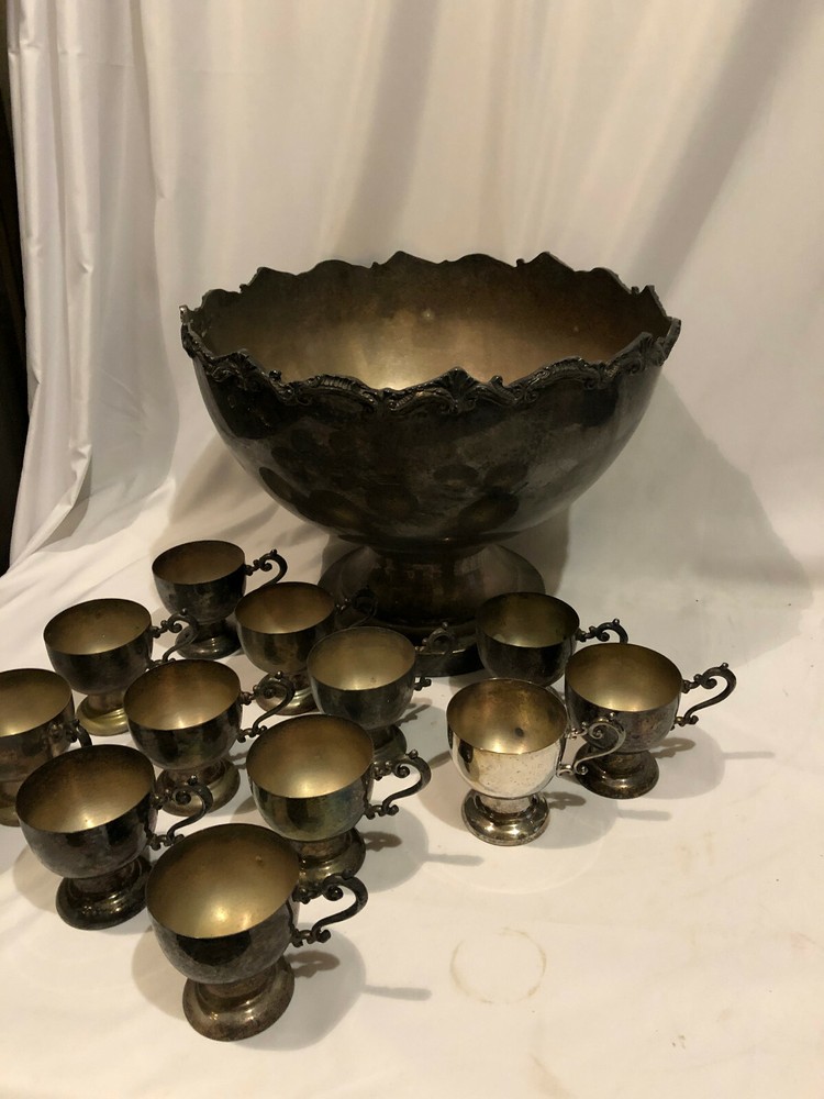 Vintage Mid-century Birmingham Silver Company Punch Bowl, 12 Cups, Tray, 1950s,