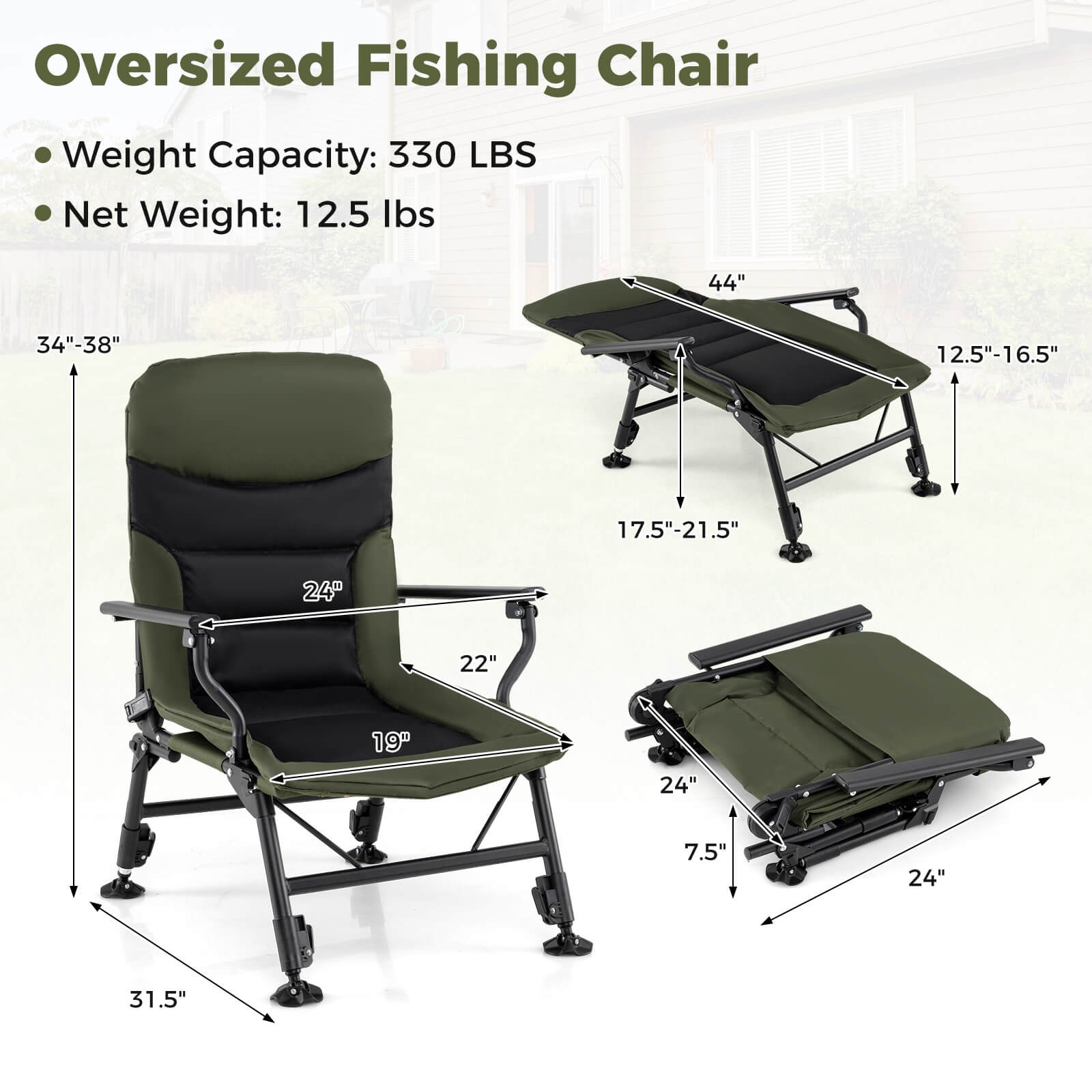 Oversized Foldable Fishing Chair Camping Chair w/ Large Adjustable Feet Armrest