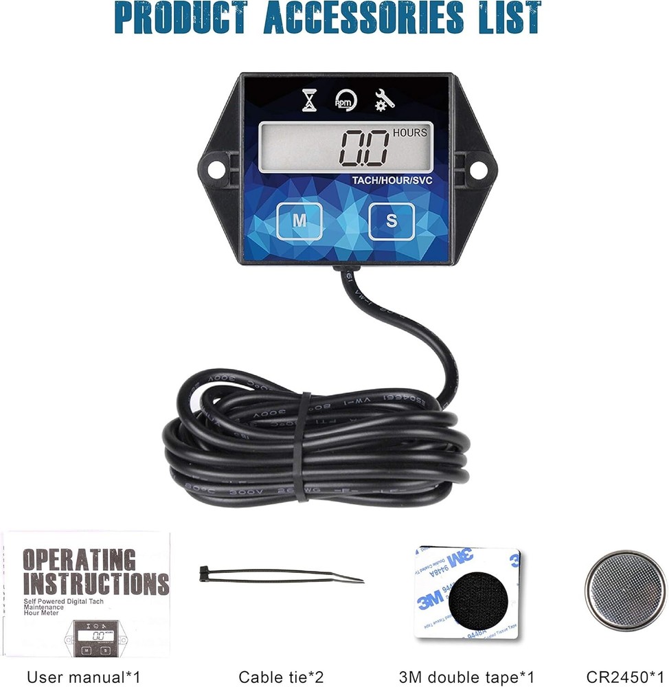 Digital Hour Meter & Tachometer - Waterproof, Battery Replaceable Engine Timer