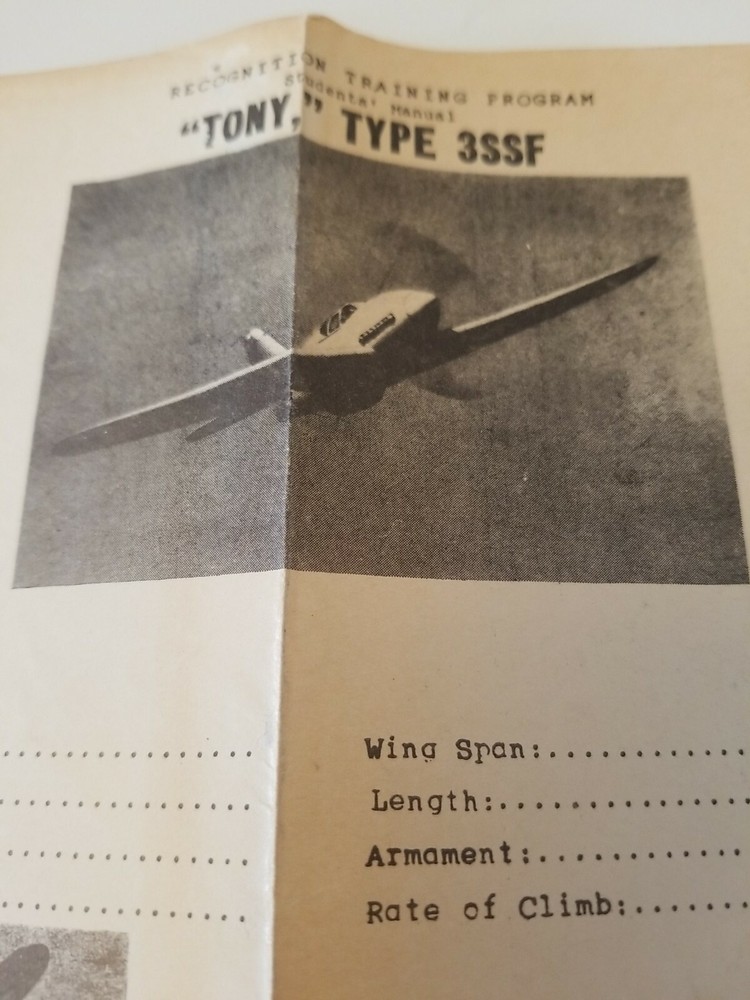 WW2 Recognition Training Program Japanese TONY Identification Paper TYPE 3SSF