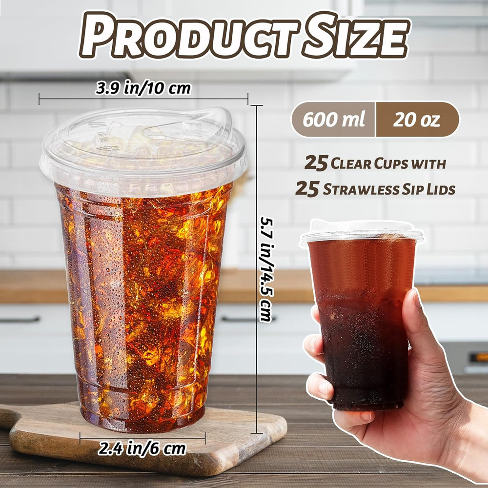 20 Oz Clear Plastic Cups with Strawless Sip Lids,25 Large,