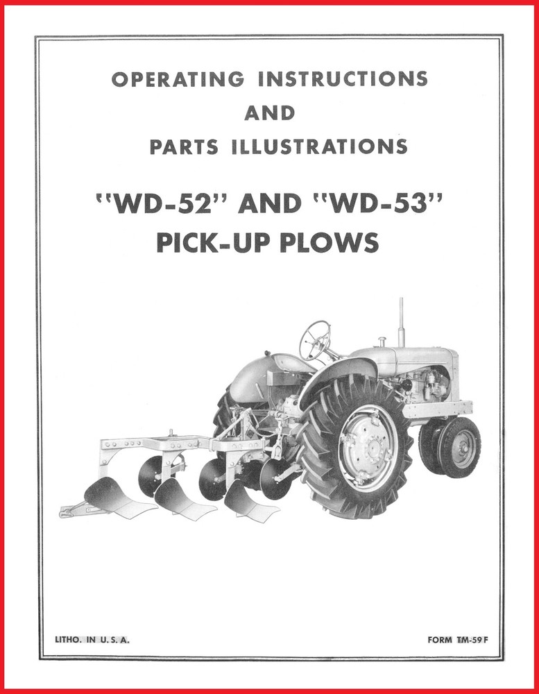 Allis Chalmers WD 52 & 53 Pick Up Plow Operator's Manual Snap Coupling 3 Bottom