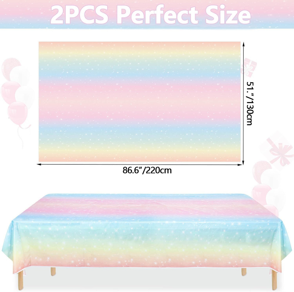 2 Pack Pastel Rainbow Tablecloths, 51X87'' Plastic Disposable Rectangle Pastel T