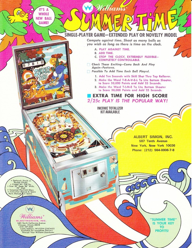 Summer Time Williams Pinball Mint Flyer/ Brochure/ Ad