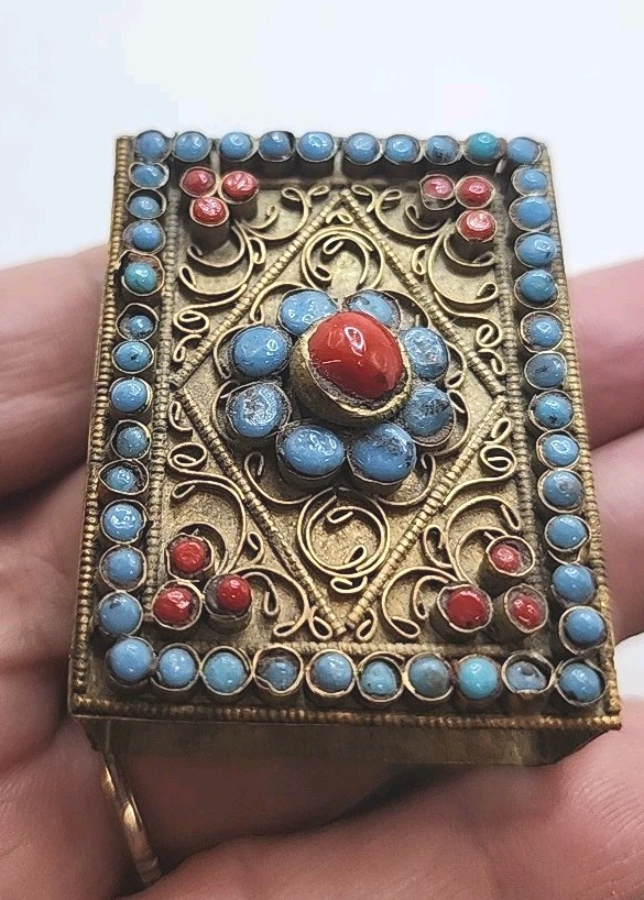 VTG Tibetan Chinese Brass Filigree Matchbox Holder with Turquoise and Red Coral