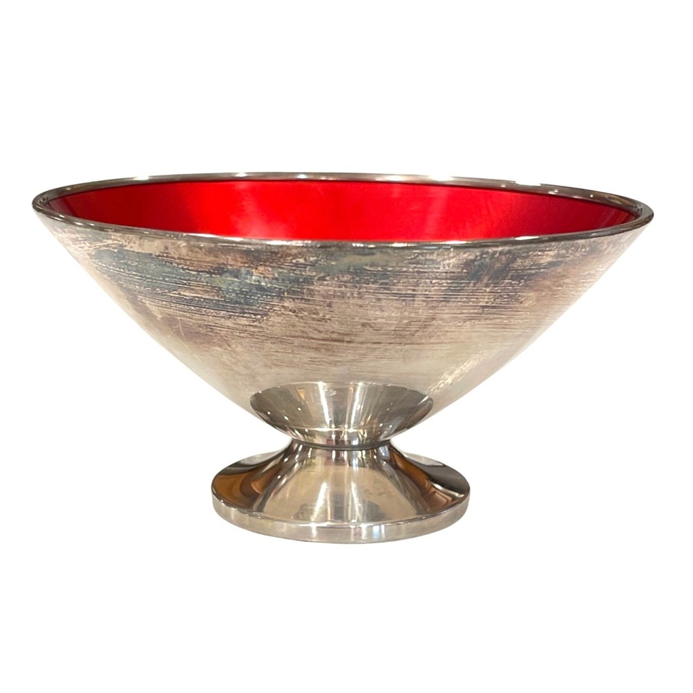 Vintage MCM Silver-Plated Red Enamel Bowl E. Dragsted Denmark Mid-Century Footed