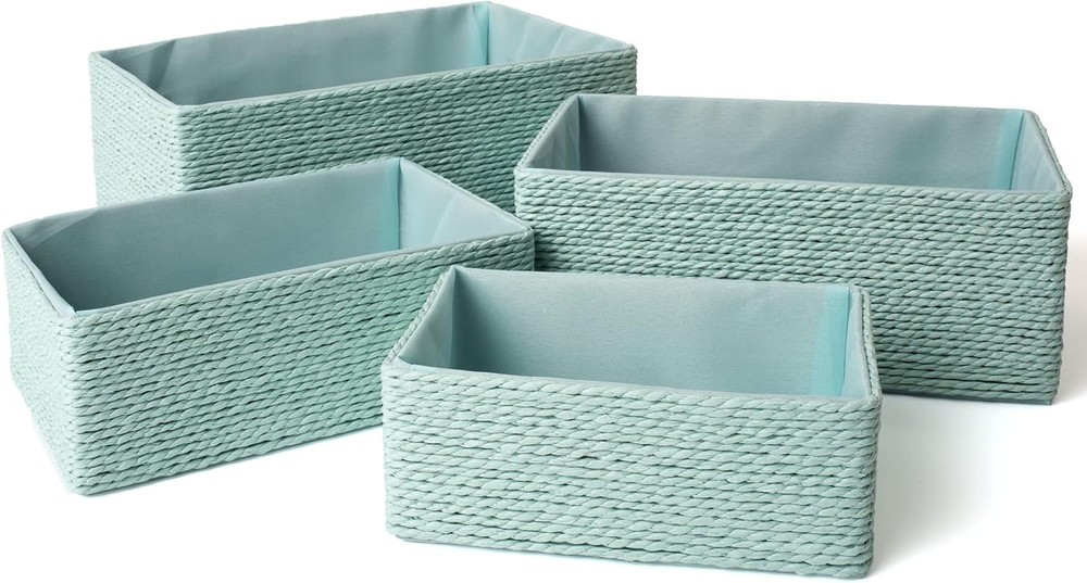 Storage Baskets Set 4 Stackable Woven Basket Paper Rope Bin Storage Boxes Makeup
