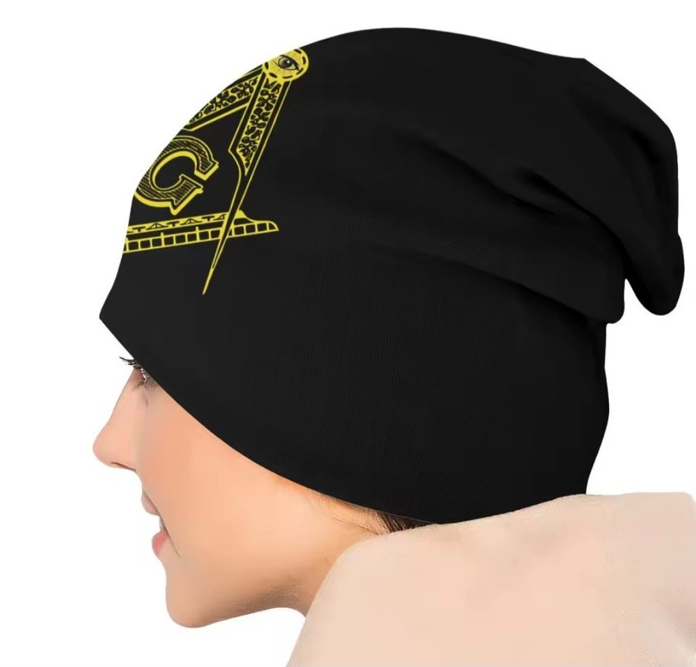 (2 Pack) Black Freemason Beanie Hat Masonic Square & Compass Skull Cap.