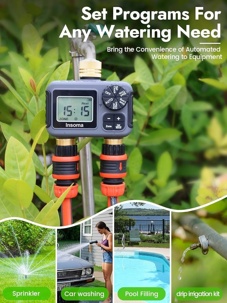 2-Zone Brass Water Timer Outdoor Hose Faucet Controller Rain Delay