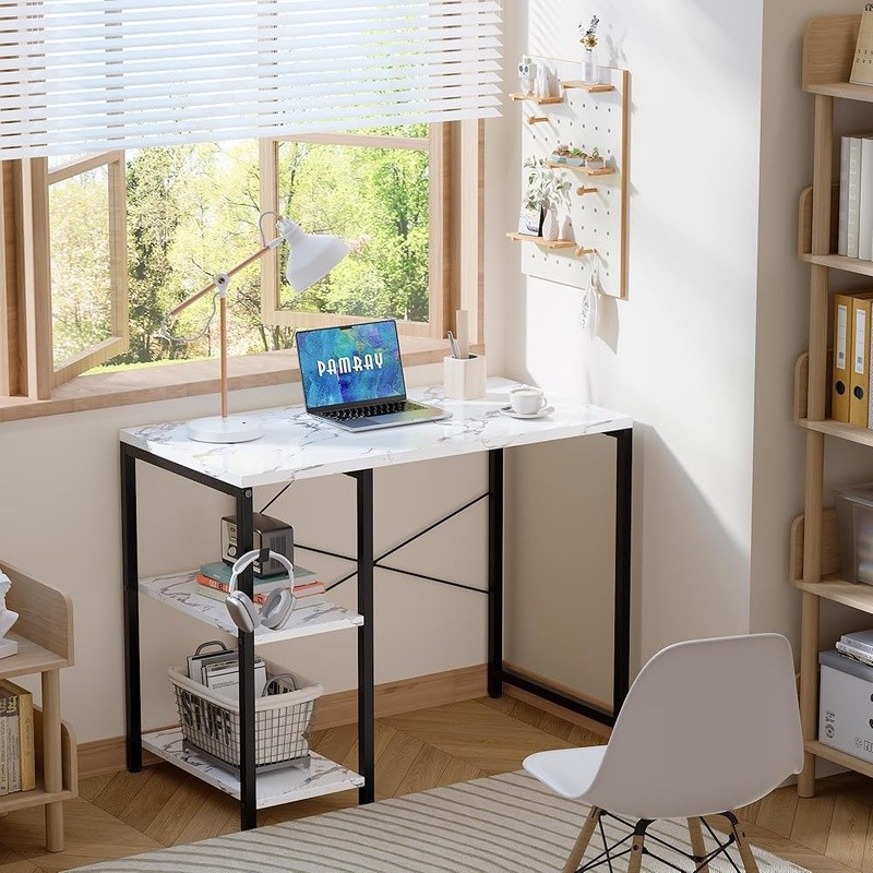 Adjustable Small Desk W/ Shelves & Headphone Hook Compact Gaming Workspace New