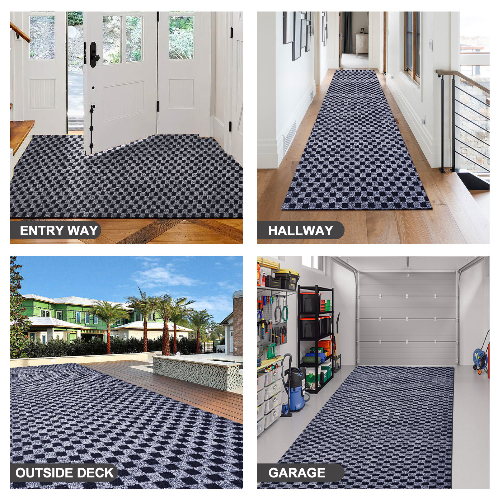 Runner Rug Hallway Non Slip Rubber Back Custom Size as Carpet Doormat Checkered