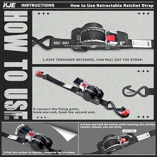 Retractable Ratchet Straps, (4) 1" x 10' Tie Down Strap + (4) Soft Loop -