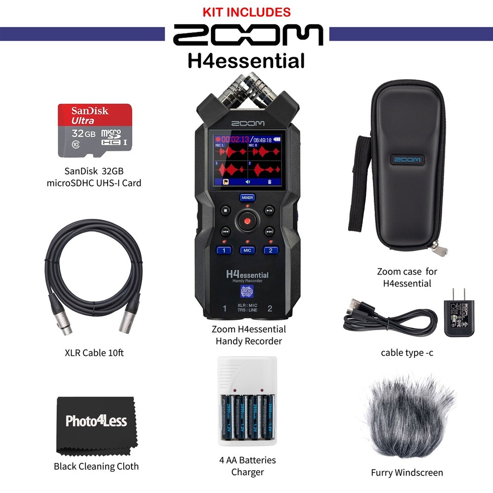 Zoom H4essential Recorder, Bundle with Zoom Accessory Pack, 32GB micro SD Card