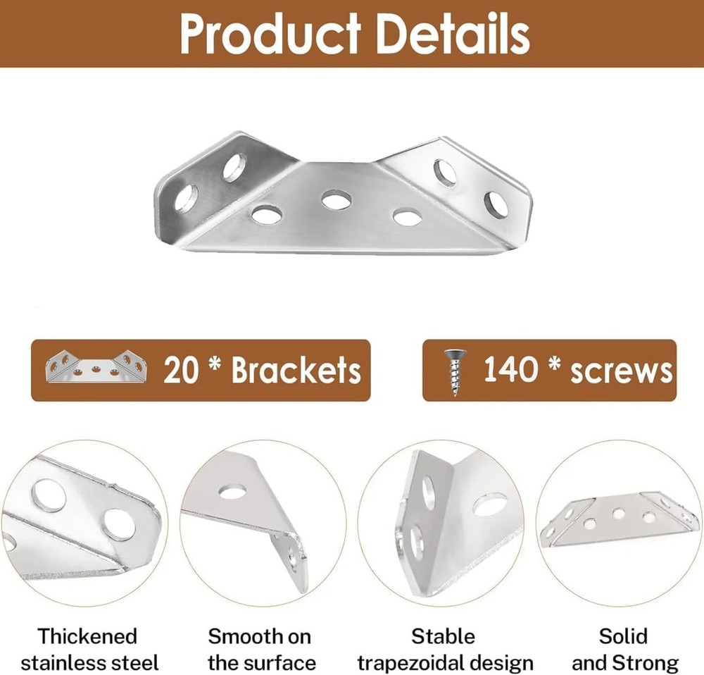 20PCS Universal Stainless Steel Triangle Thickened Fasten Angle Bracket Suppo...