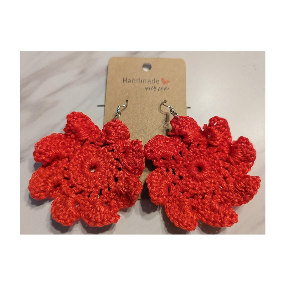 Handmade Crochet Orange-Red Flower Dangle Earrings