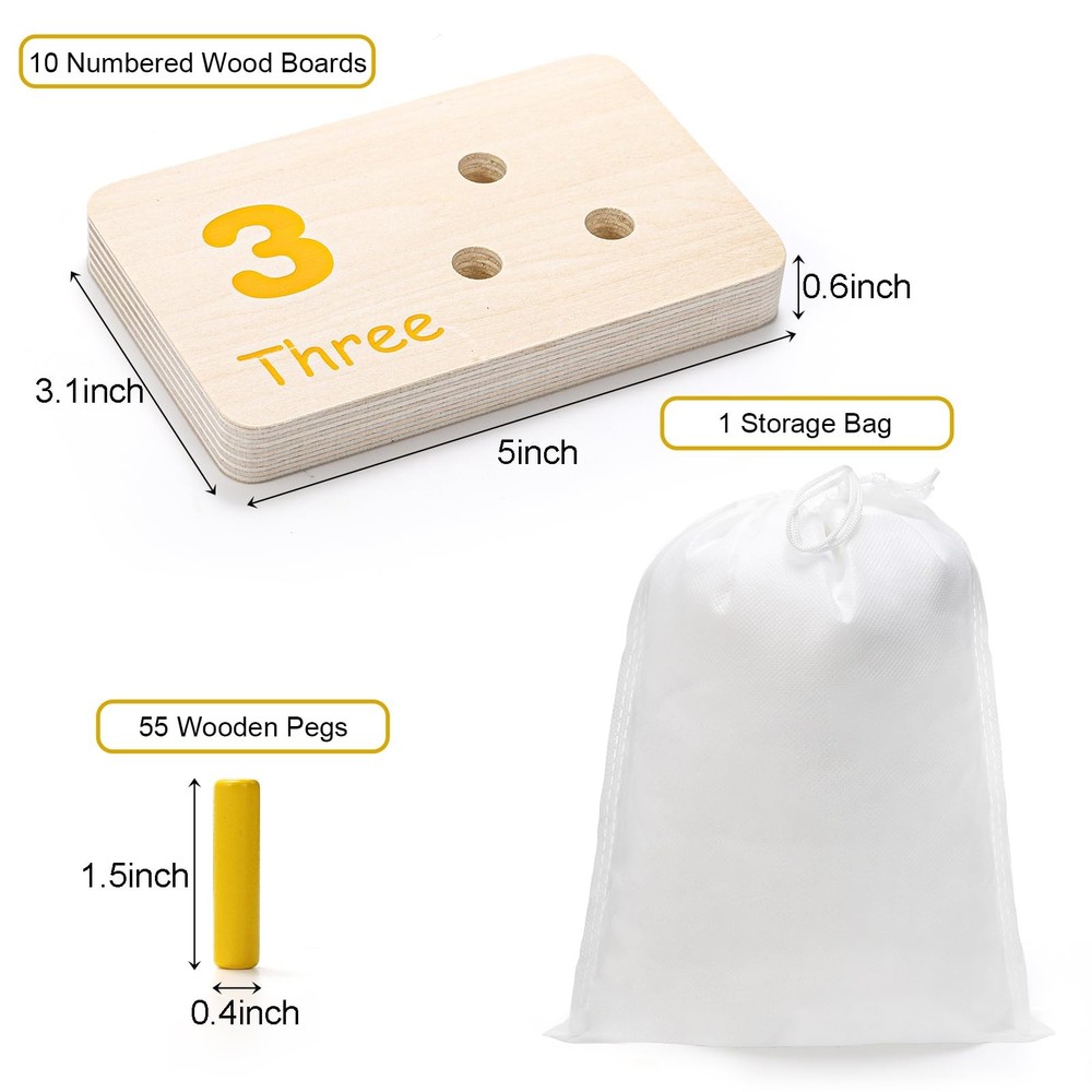 Suwimut Wooden Counting Peg Board, Kindergarten Math Multicolored