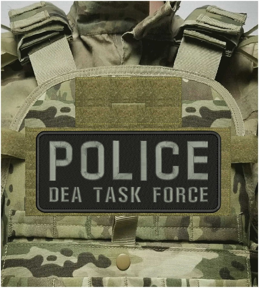 POLICE D E A  TASK FORCE EMBROIDERY PATCH 4X10 HOOK ON BACK BLK/GRAY